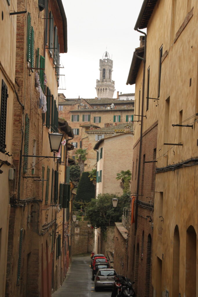Straat in Siena met zicht op de Torre del Mangia en het historische centrum van de stad